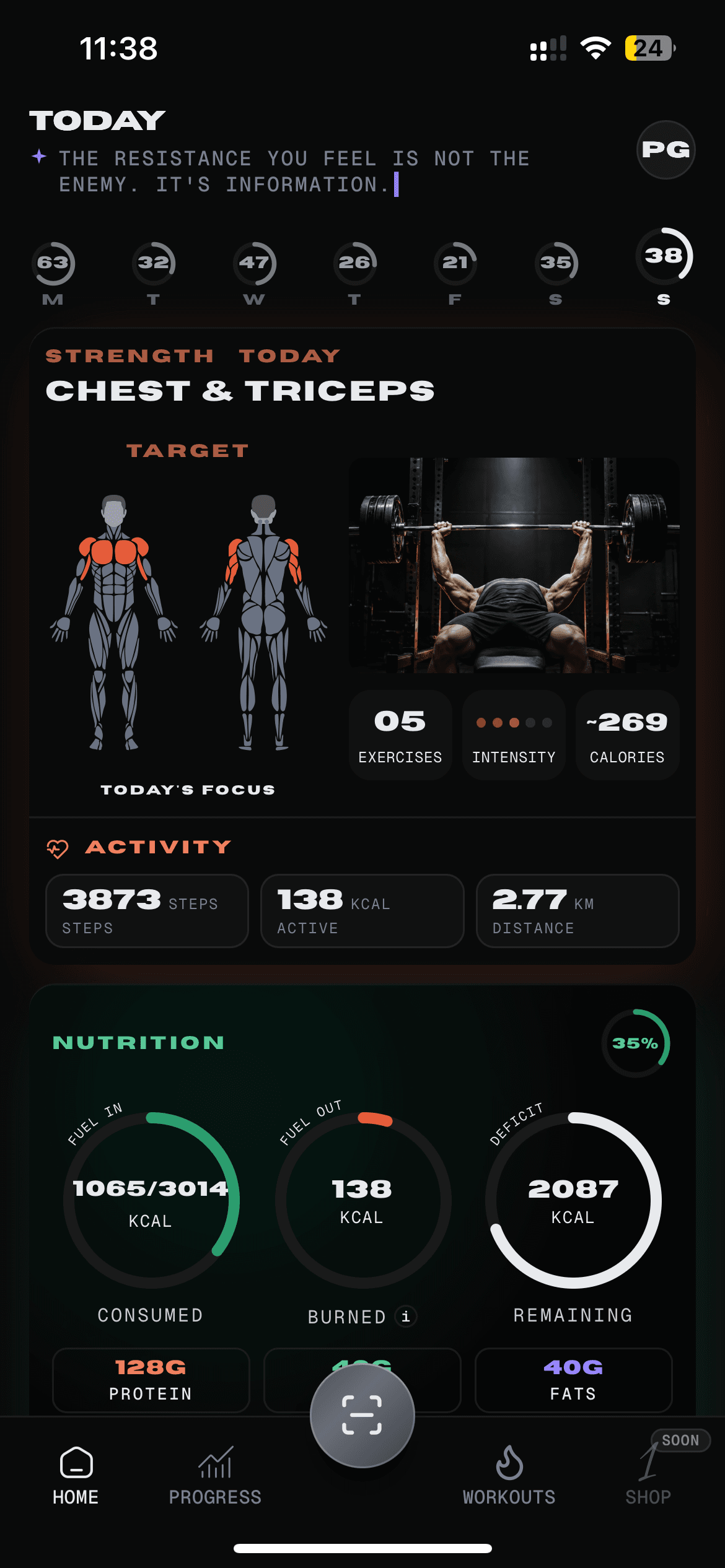 ONEMETAL home screen — today's strength, nutrition and mindset summary