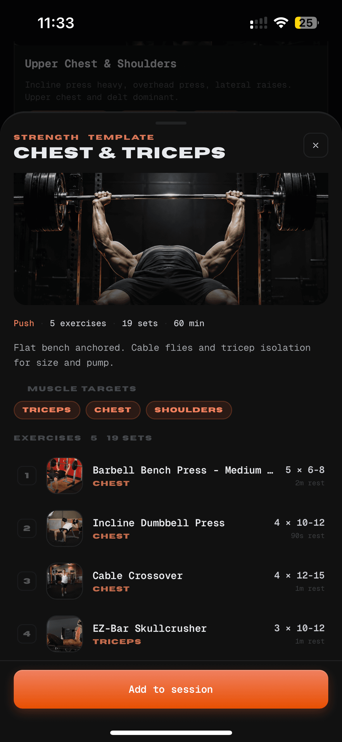 Strength session — today's workout with target muscles and per-set logging